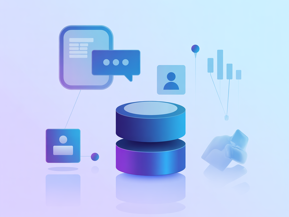 Minimalist illustration of chat message bubbles, database, and summary icons