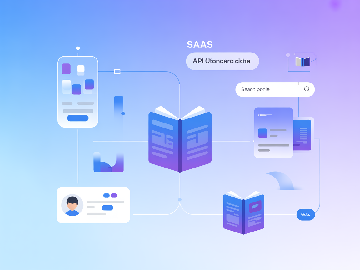 Minimalist illustration with API lines, book icons, author profile, search icons