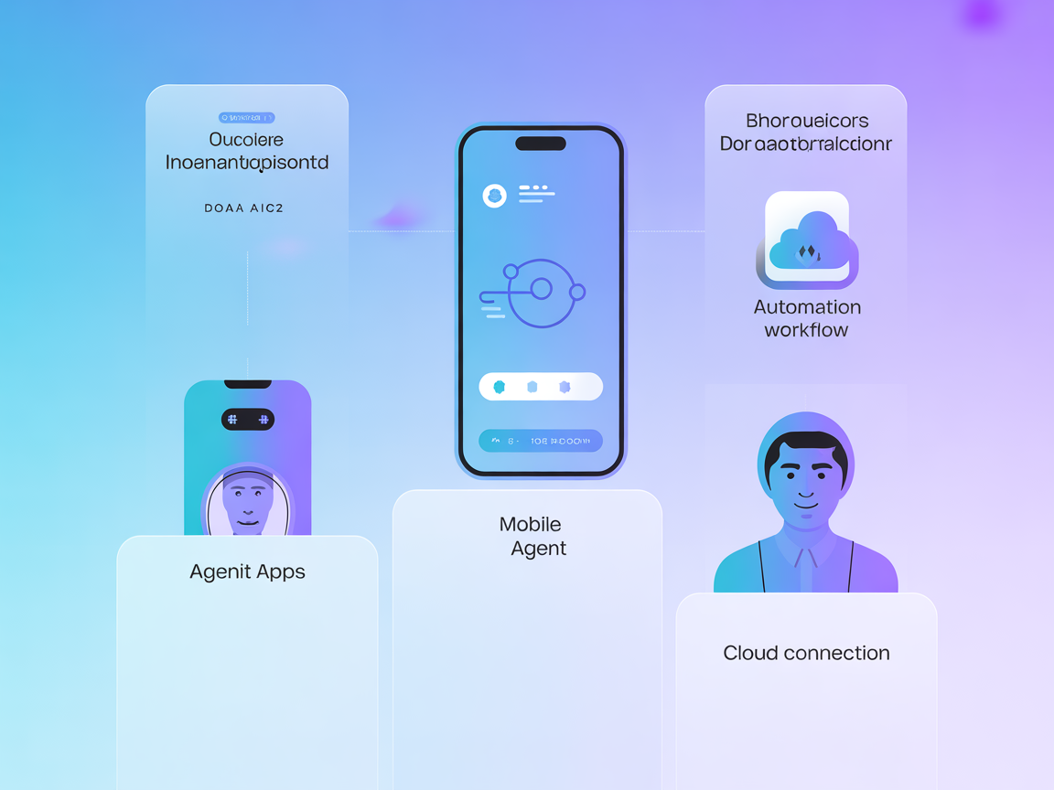 Minimalist vector graphic of mobile automation platform, with mobile devices and automation icons