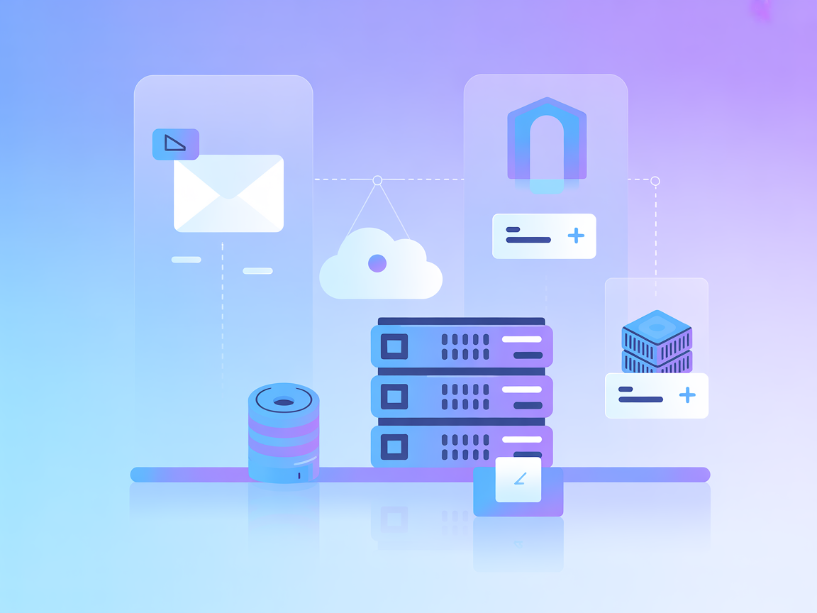 Minimalist vector showing email, server, docker, and cloud icons
