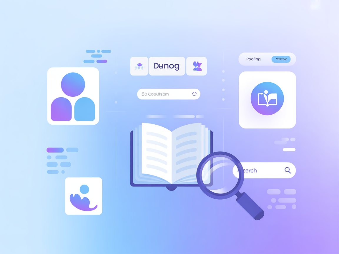 Minimalist illustration of books, author icons, and search magnifying glass for book search