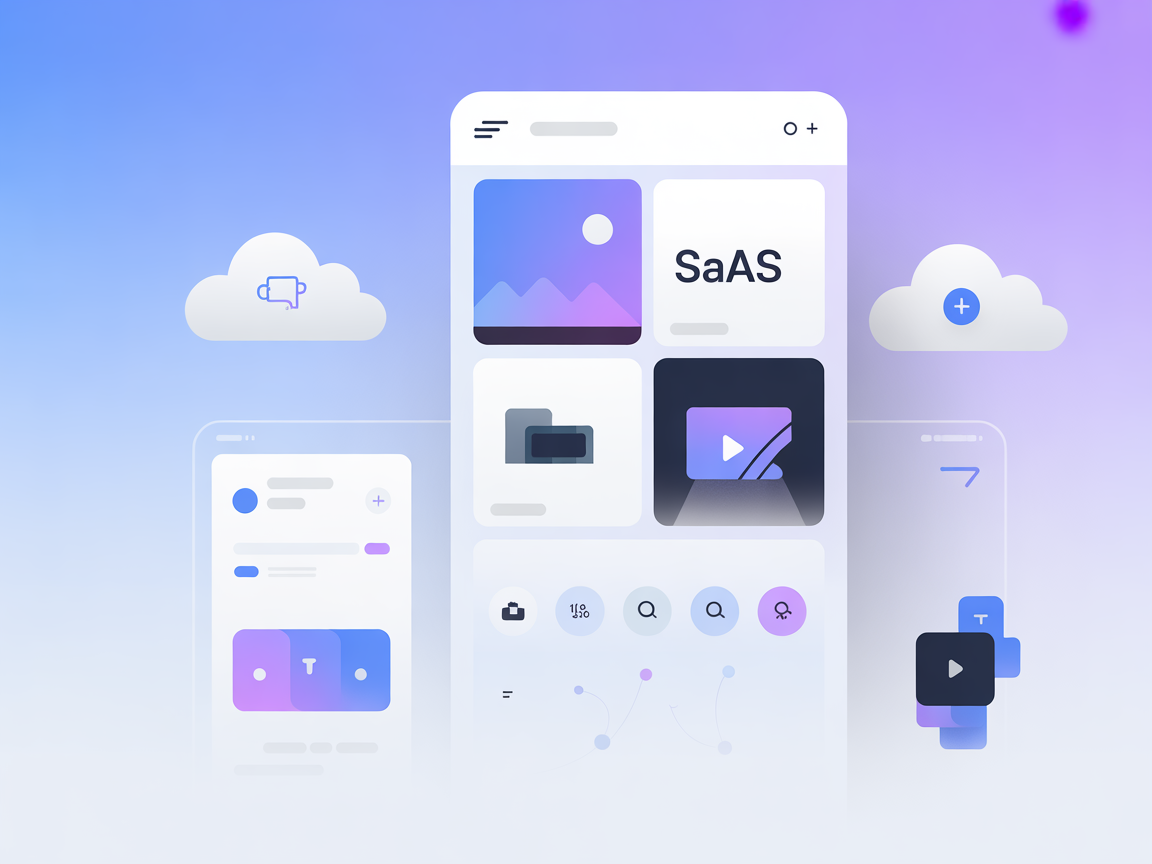 Minimalist video editing tools and film strips with blue and purple gradient