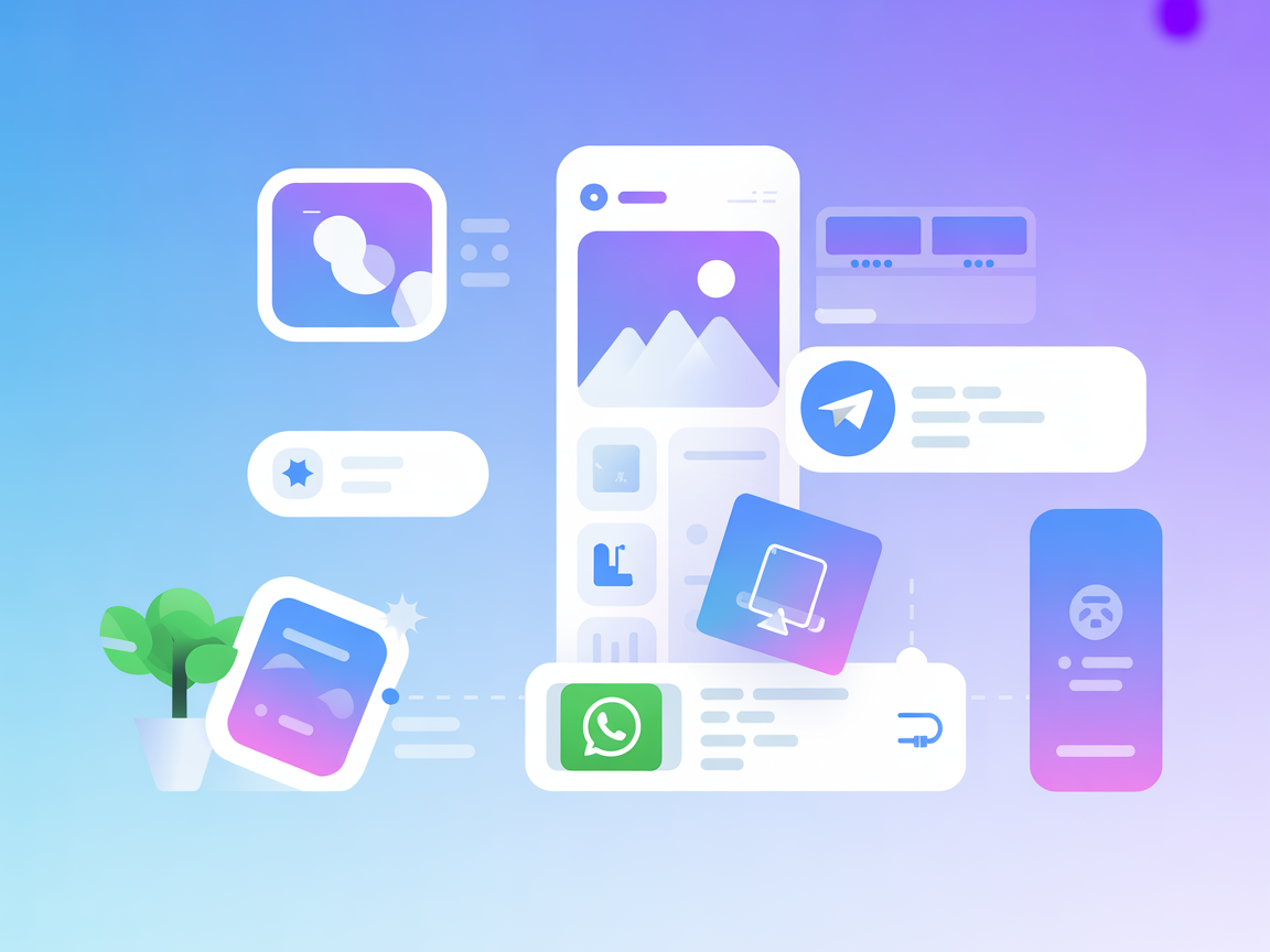 Minimalist AI meme and sticker generation interface with Telegram and WhatsApp icons