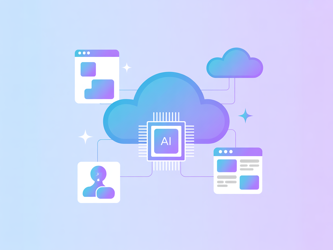 Minimalist illustration of cloud, memory chip, and user interface icons