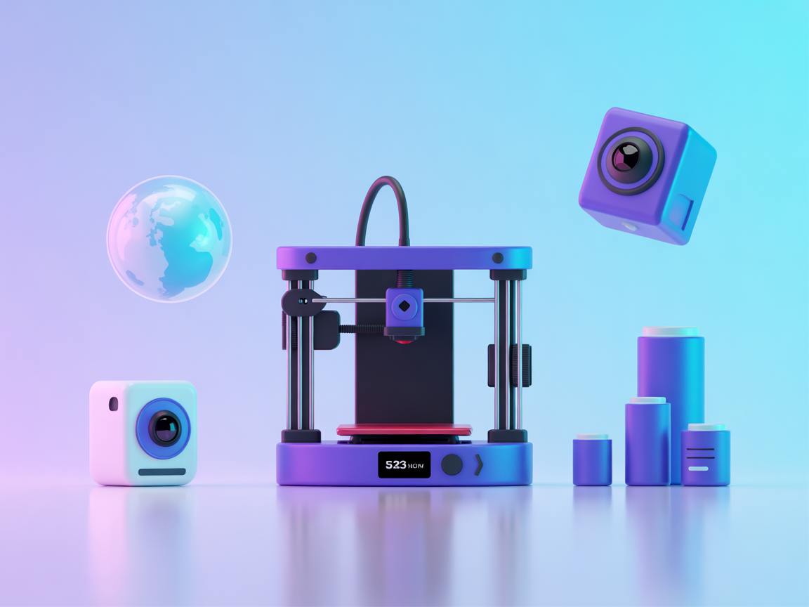 Minimalist vector image of live monitoring, webcam, and printer controls