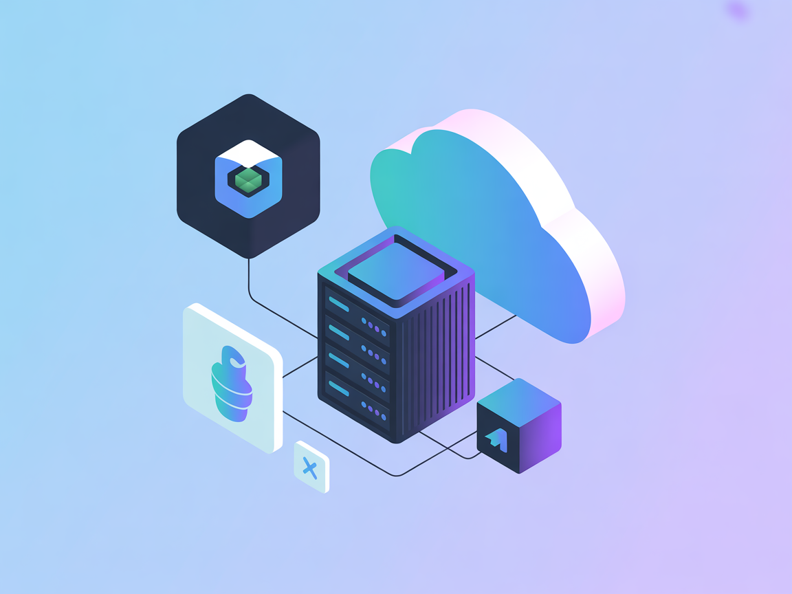 Minimalist illustration with Node.js, Docker, server, and cloud icons