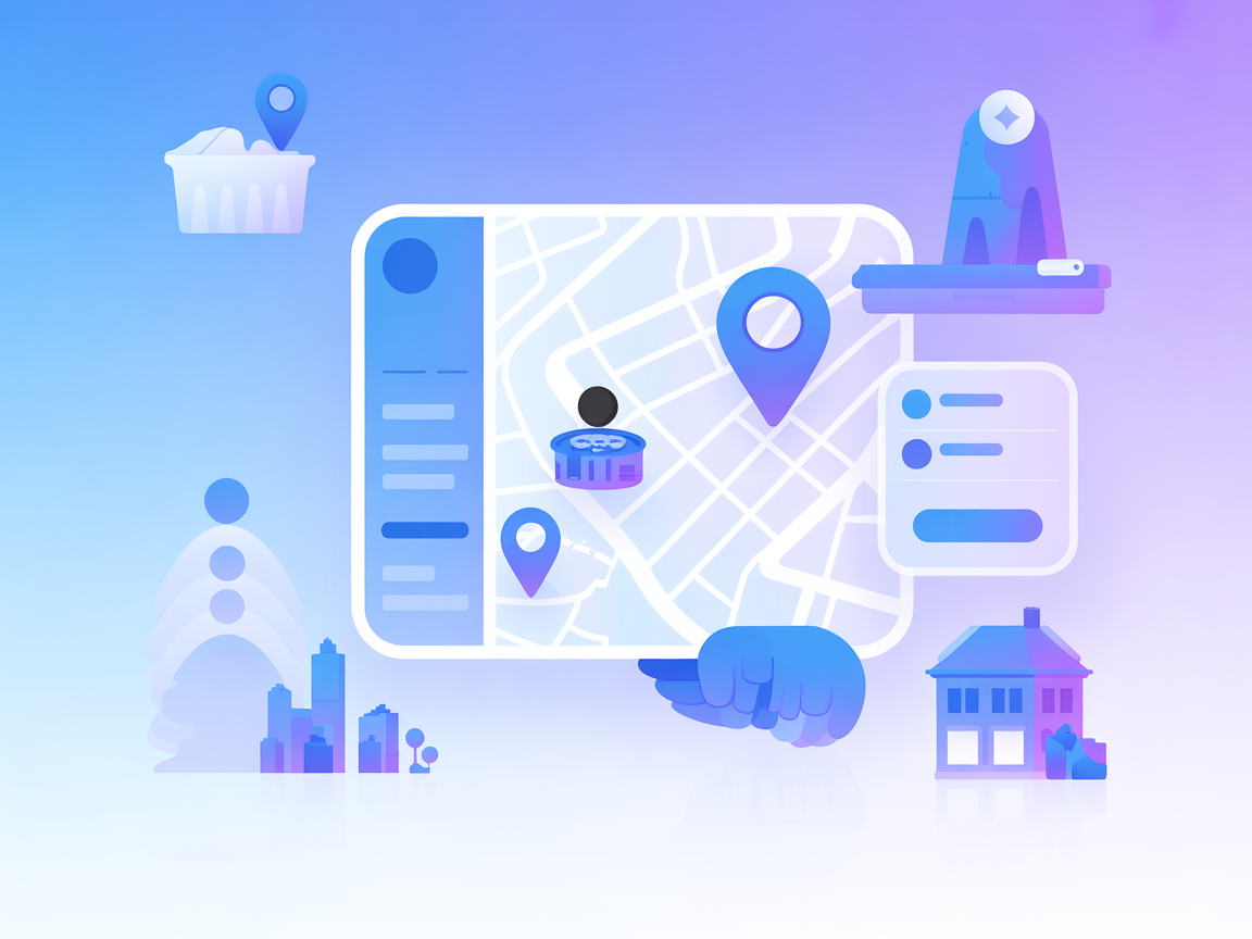 Icons for location pins, businesses, and maps representing business management