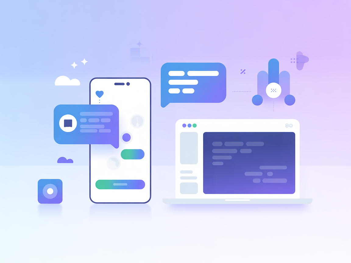 Minimalist vector showing chat bubbles, smartphones, computers, and automation