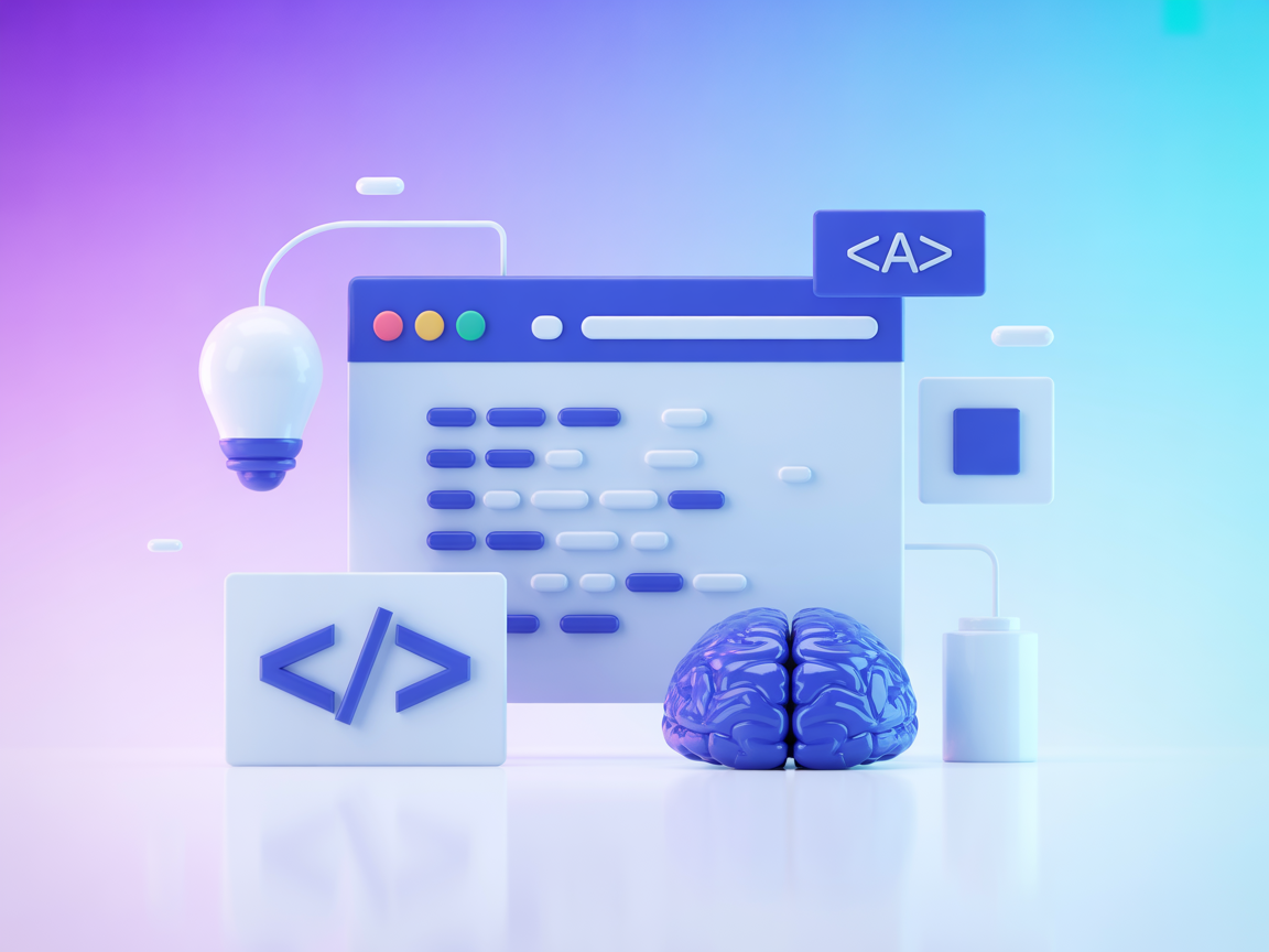 Vector browser window and AI icons representing web automation