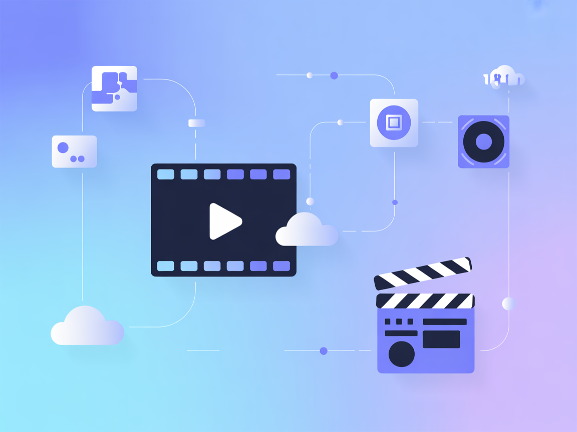 Minimalist illustration of a video API server, film reel, and automation SaaS