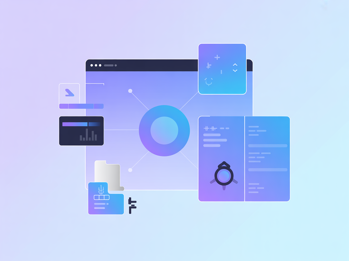 Minimalist illustration with developer tools, books, and search icons