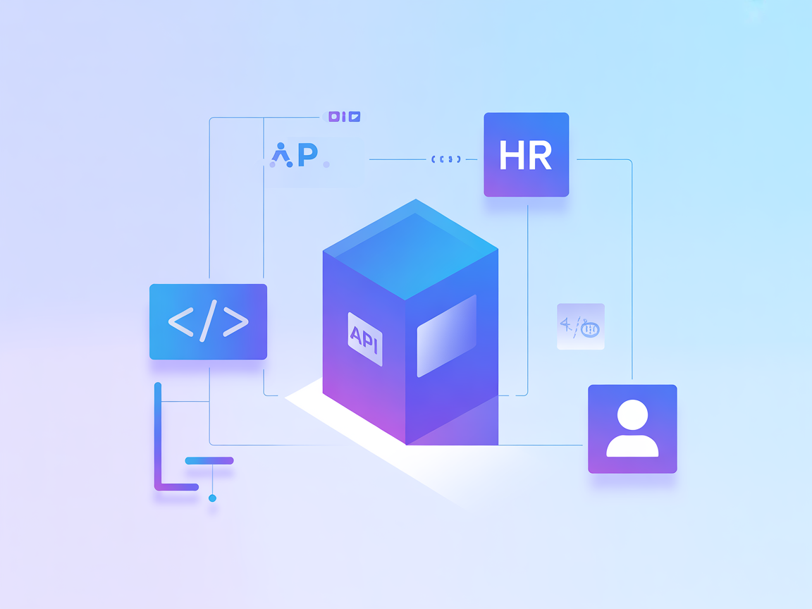 Vector illustration showing API integration, code brackets, and HR symbols