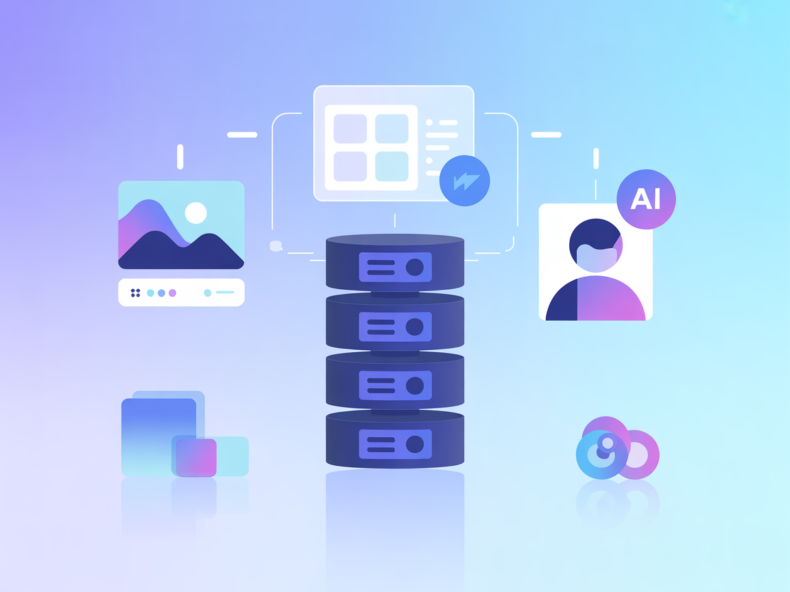 Minimalist AI video generation server concept with avatars and workflow objects