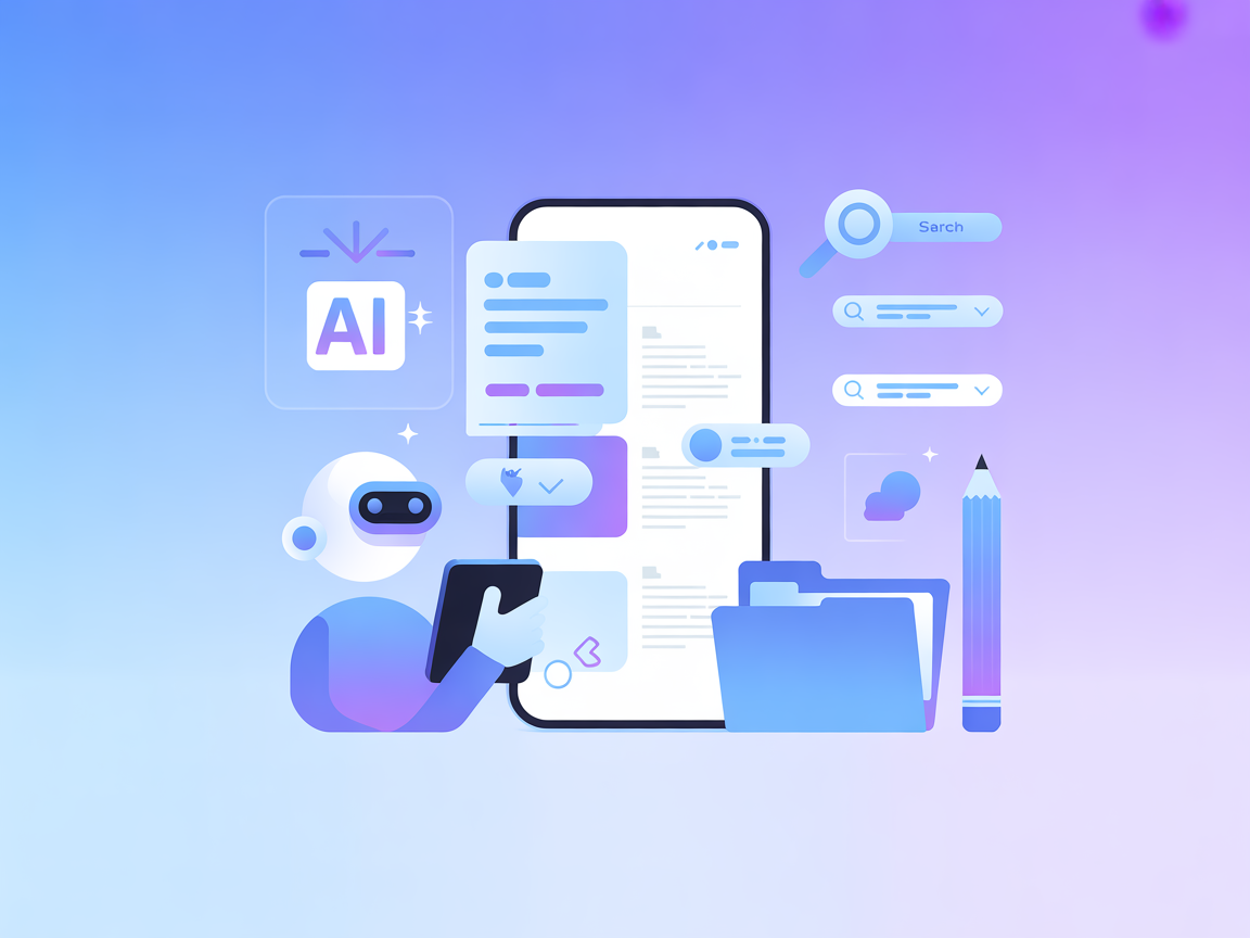 Minimalist vector illustration of digital vault, AI brain, note icons, and folder structure in blue and purple gradient