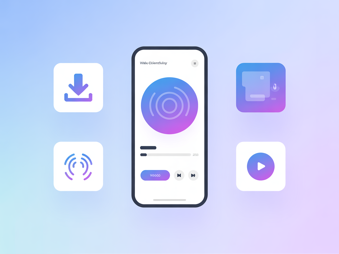 Minimalist vector showing audio generation, voice choices, script management, and database