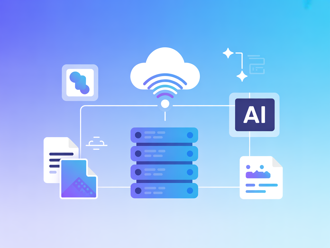 Vector image showing server, design files, and AI connections