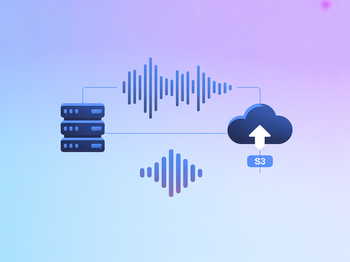 Minimalist vector server, sound wave, and cloud upload symbolizing TTS file generation and S3 upload
