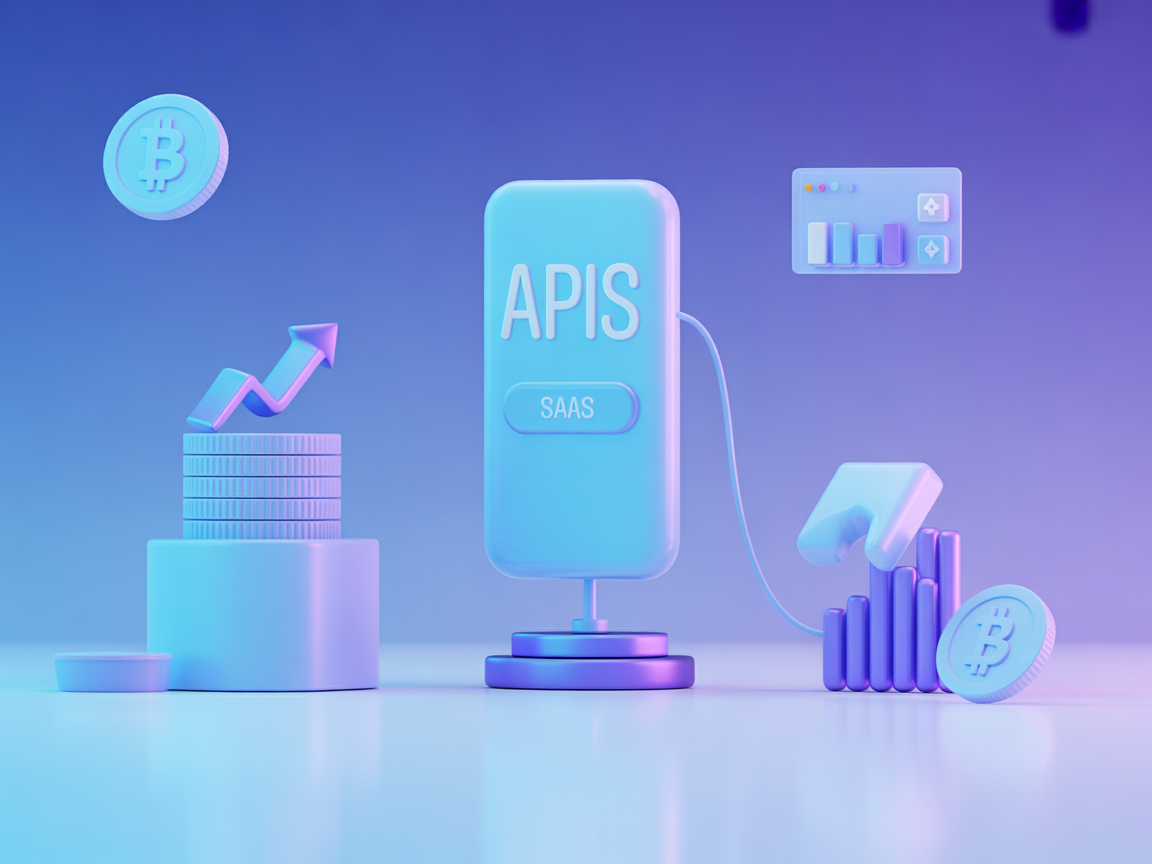 Minimalist vector scene of coins, data charts, and API symbols