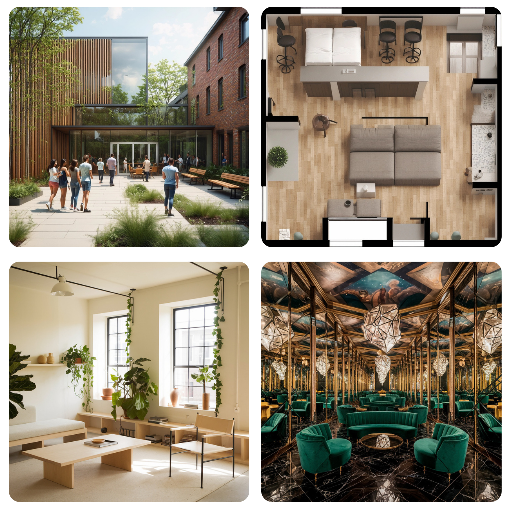 Examples of architecture concepts and indoor design visualizations generated with Photomatic