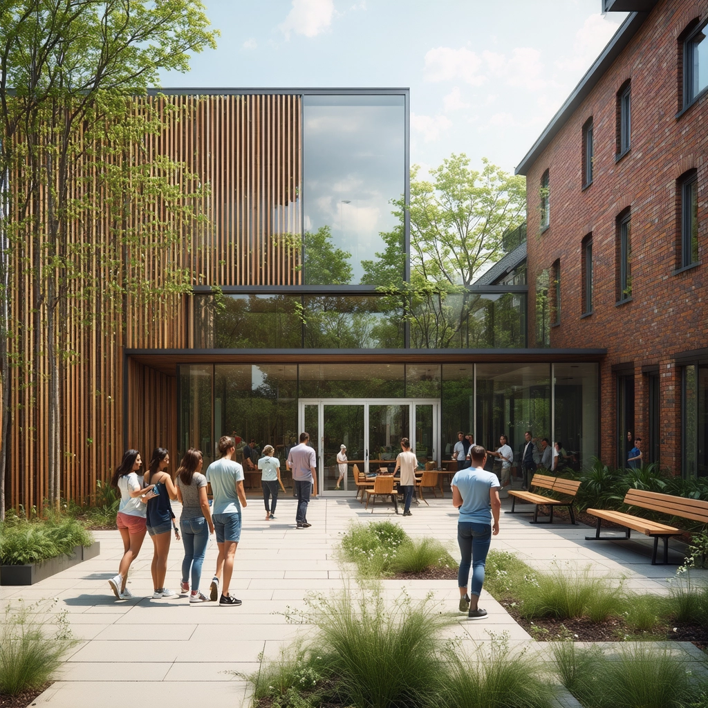 AI generated architectural visualization of a community center, with greenery and people walking around