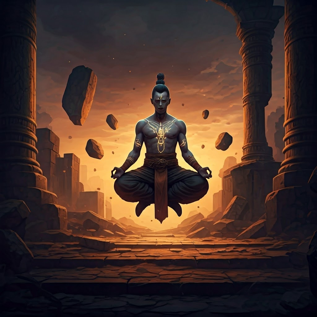 AI generated image of a monk game character levitating.