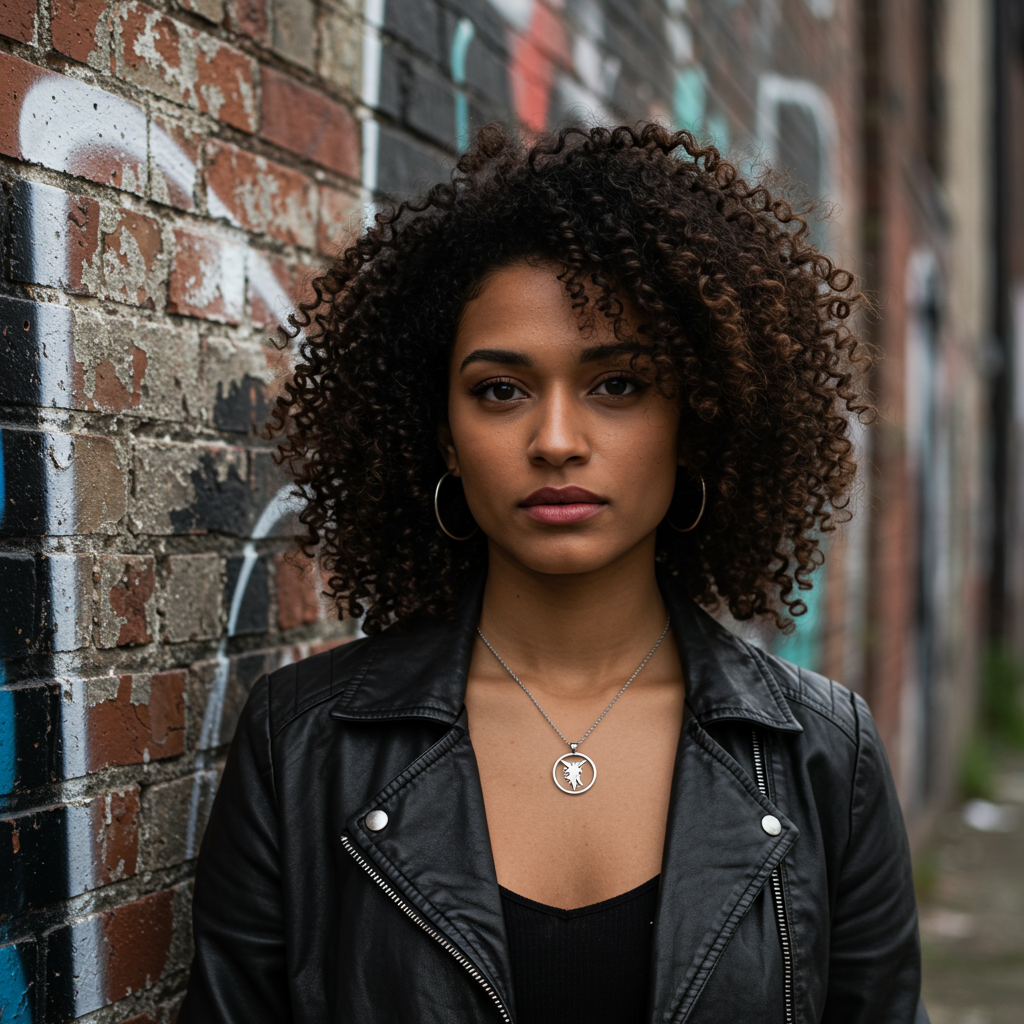 portrait of curly-haired woman next to a grafittied wall