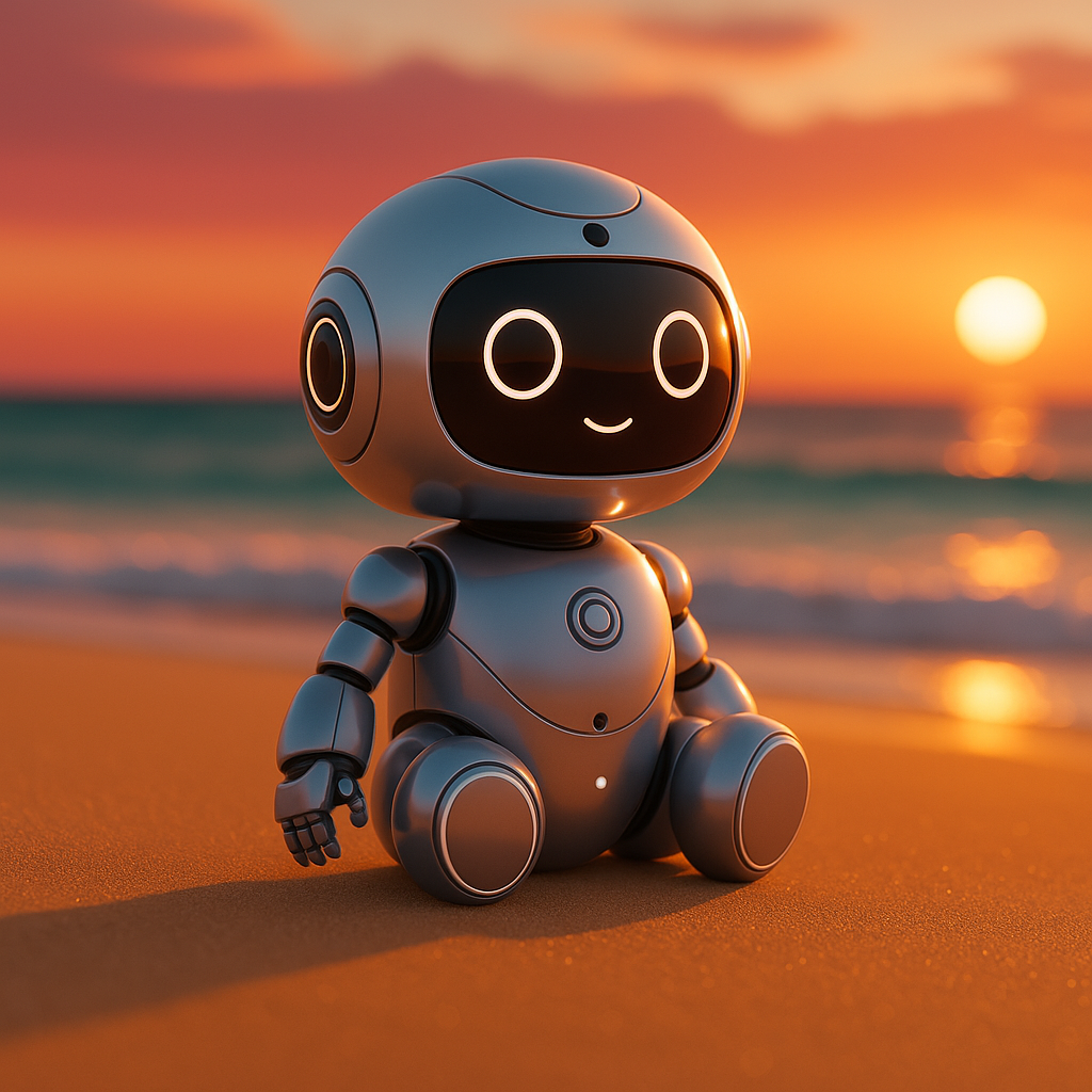 AI generated image of a cute little bot sitting on the beach at sunset