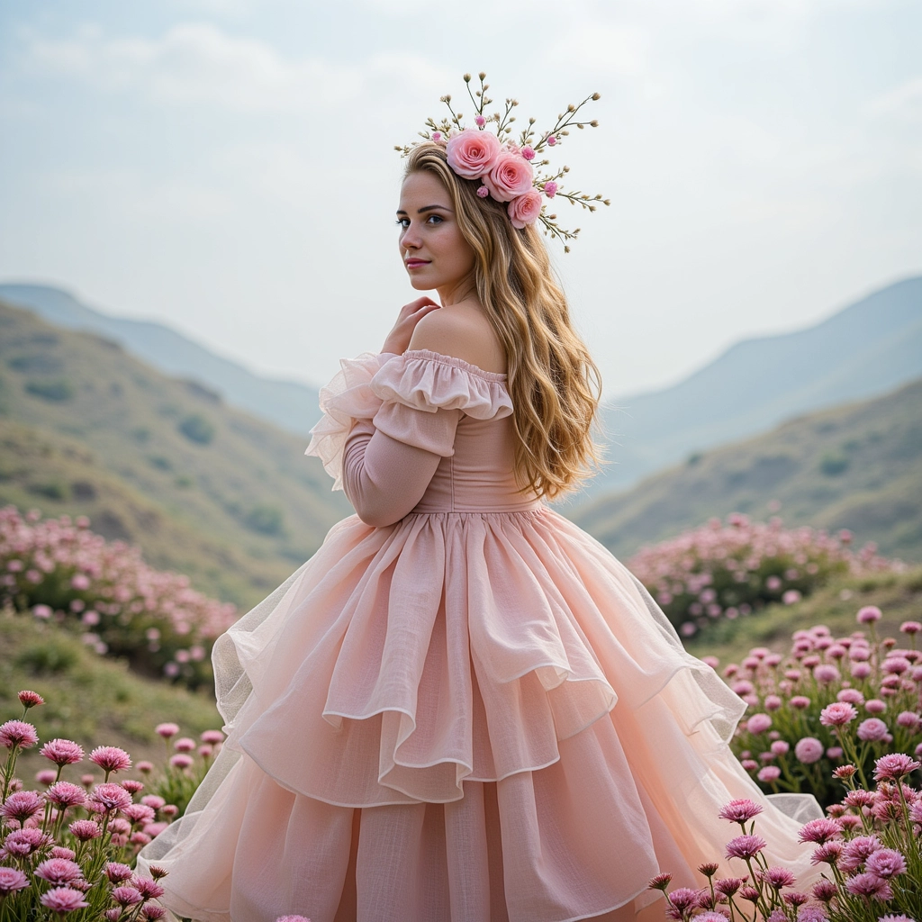 A girl dressed in a pink dress with pagan-style headwear