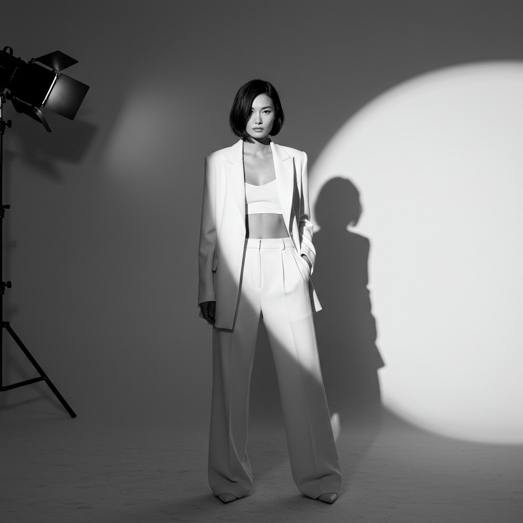 Black and white full-body photo of model during photoshoot