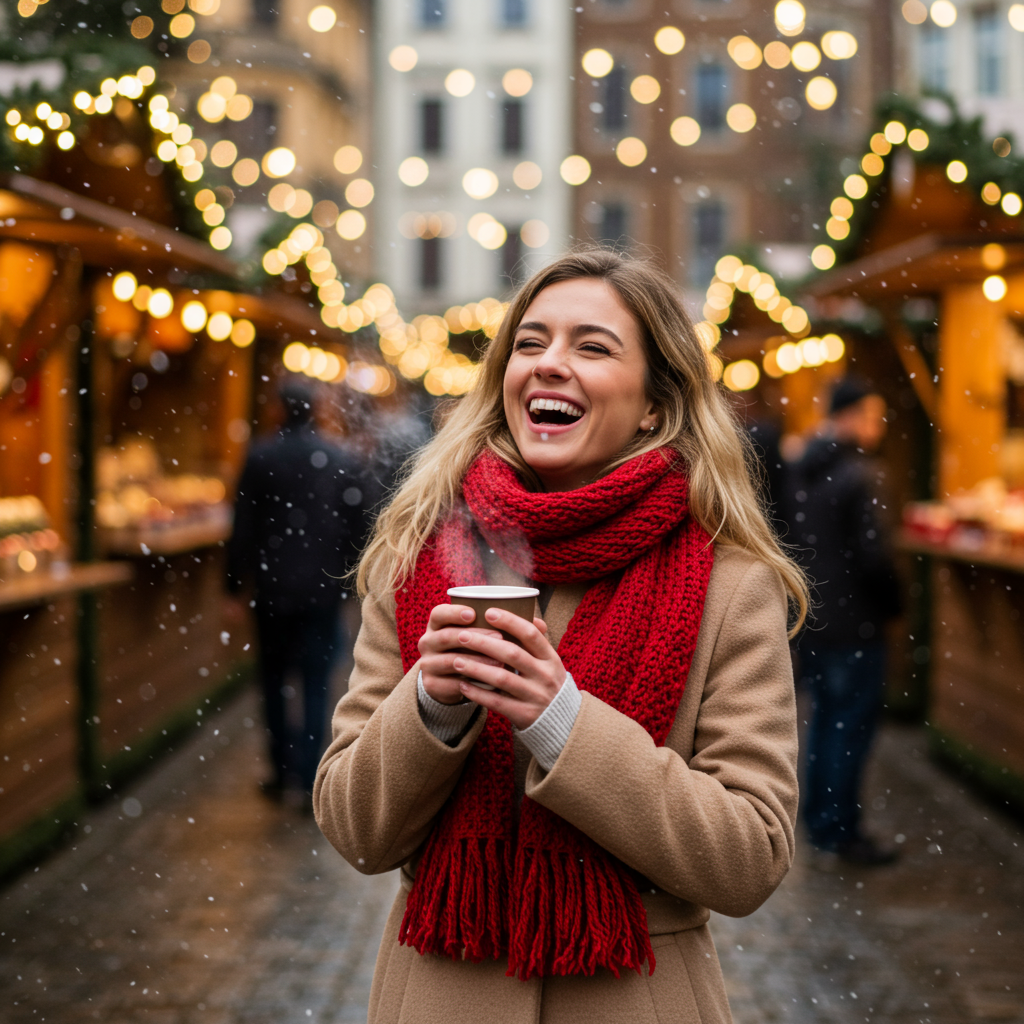 AI generated image of a girl having a good time at european-style christmas market.