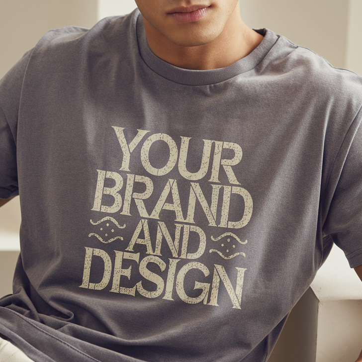 AI generated image of a man modeling a tshirt with simple design and text saying 'your brand'.