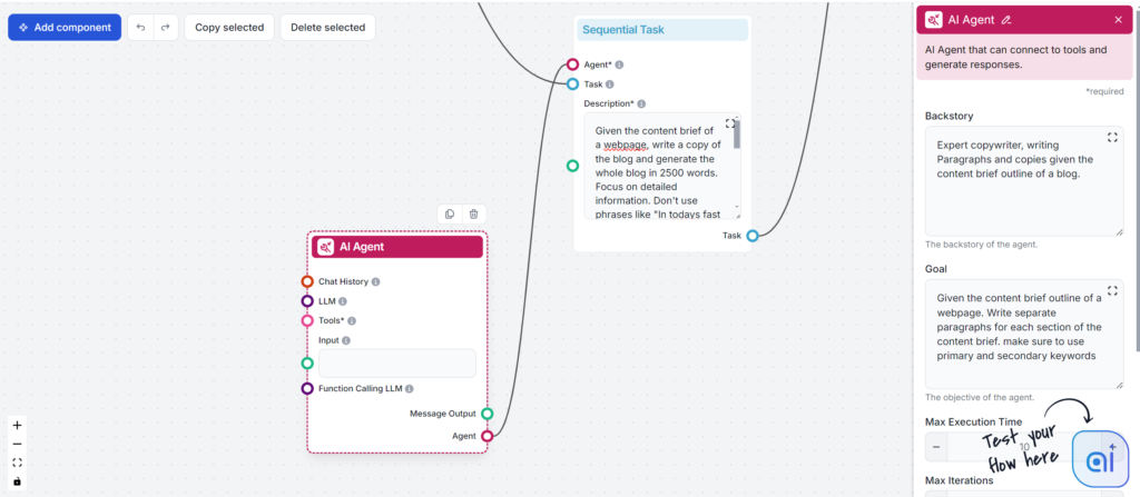 An AI-writer agent connected to a writing task in FlowHunt