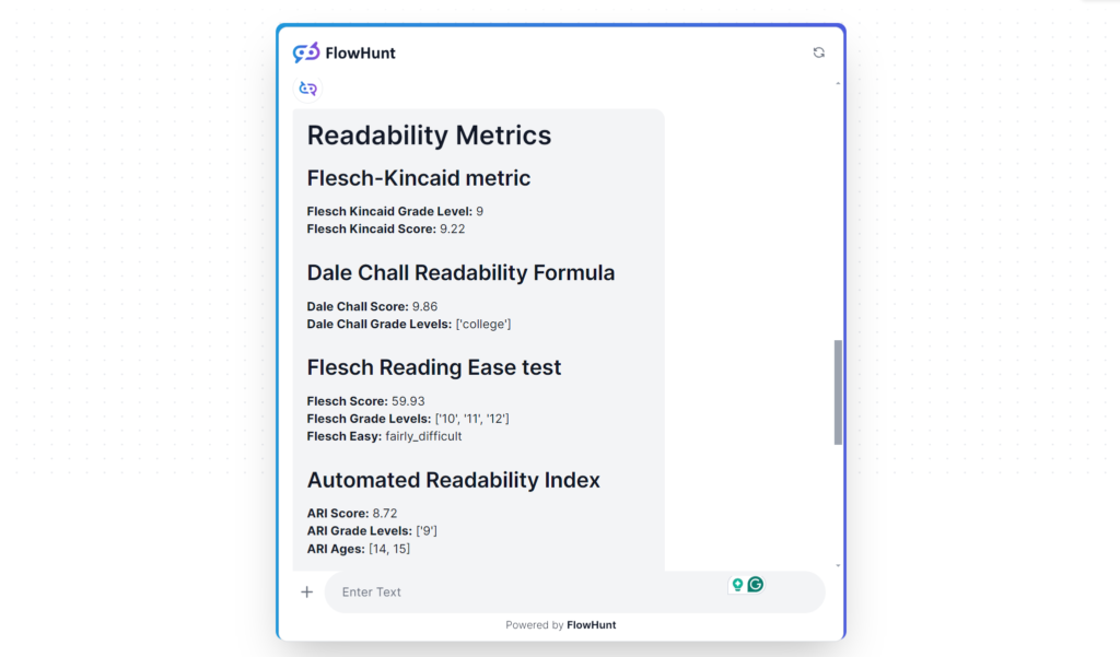 Analyzing text in FlowHunt’s free readability checker tool