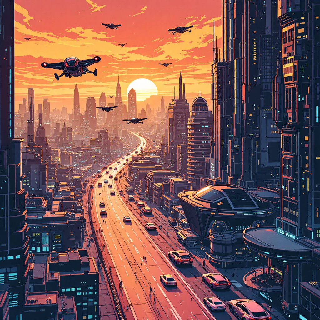A futuristic cityscape with flying cars at sunset generated by Flux 1.1 Pro