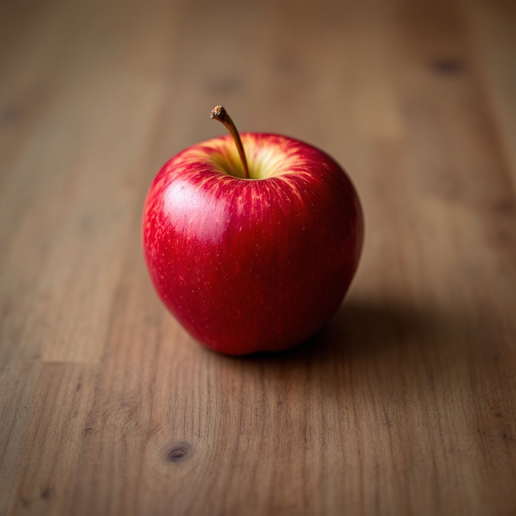 A red apple on a wooden table generated by Flux 1.1 Pro