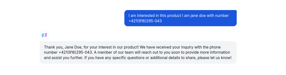 A chat conversation leading to a HubSpot contact creation. The AI chatbot understands it can't answer the query and asks the customer for contact information instead.