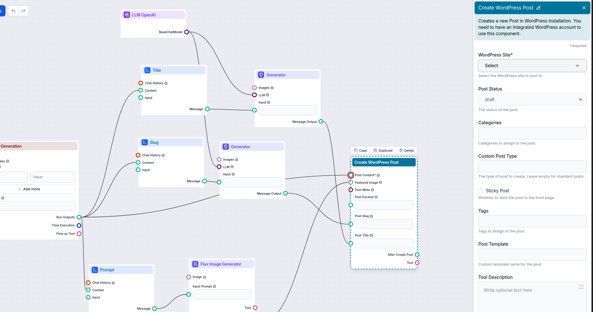 The Create WordPress Post component in the AI Flow