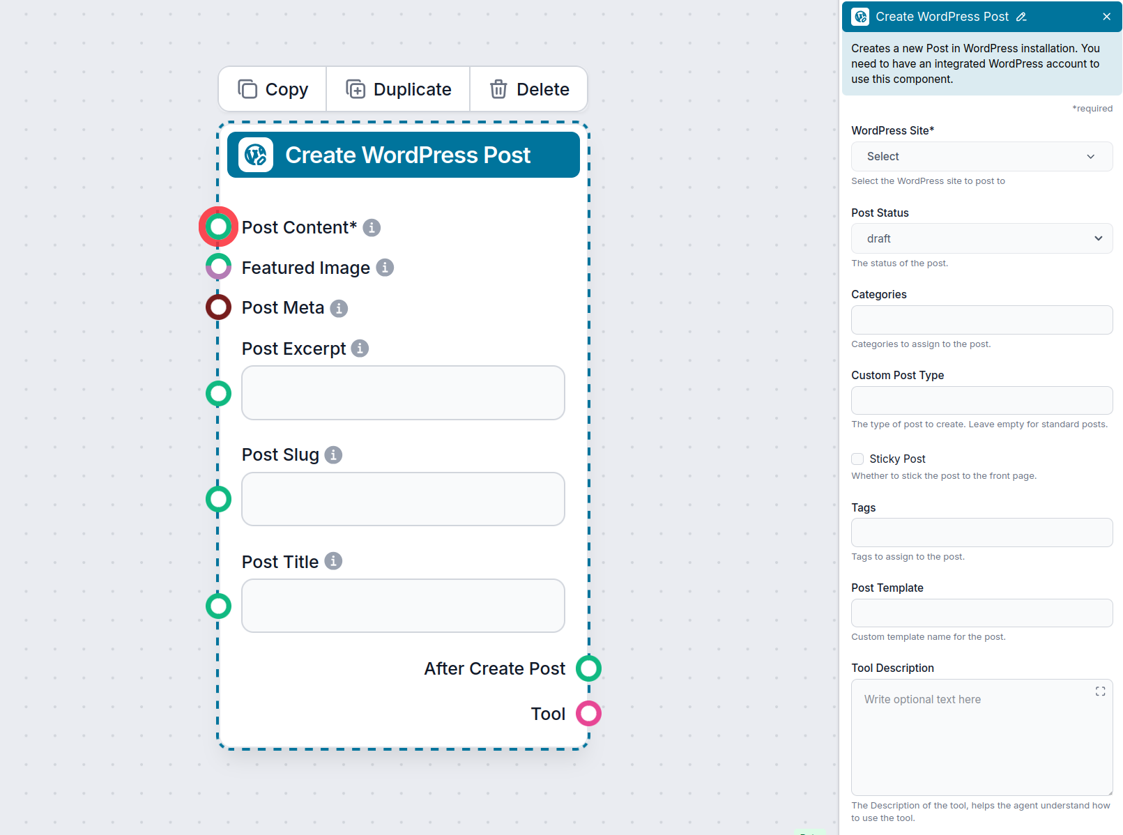 The Create WordPress Post component settings