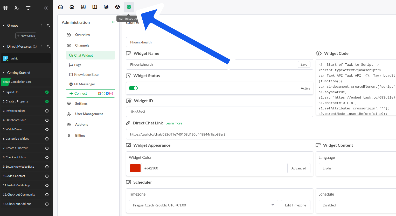 Tawk dashboard settings