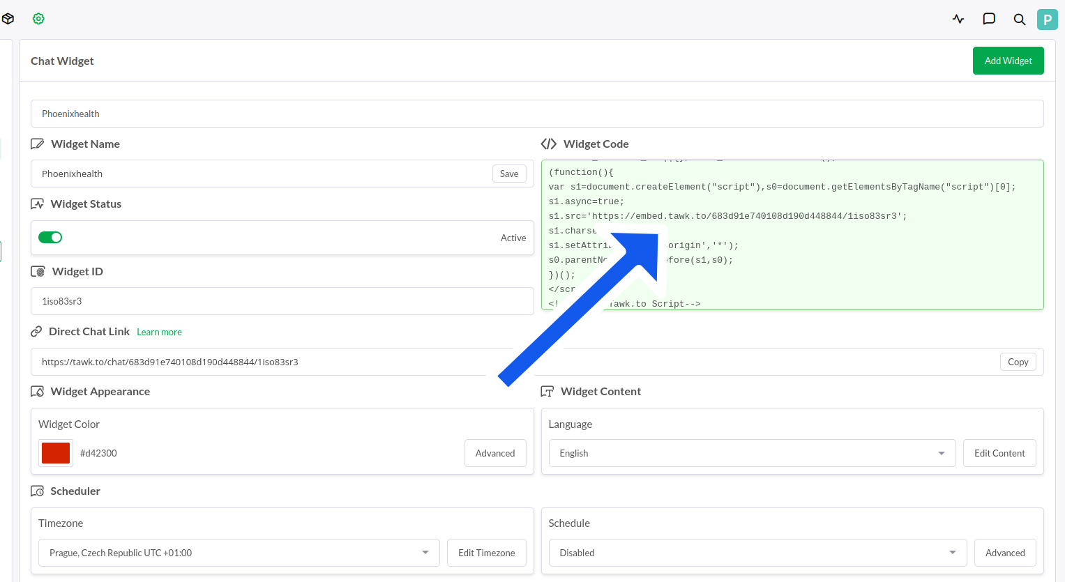 Tawk widget code embed URL