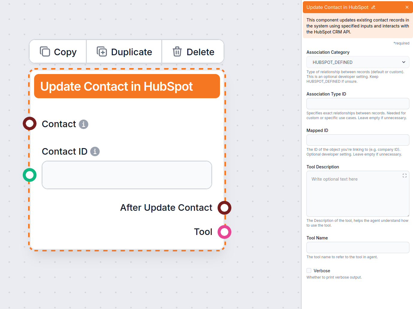 The settings of the Update Contact in HubSpot component