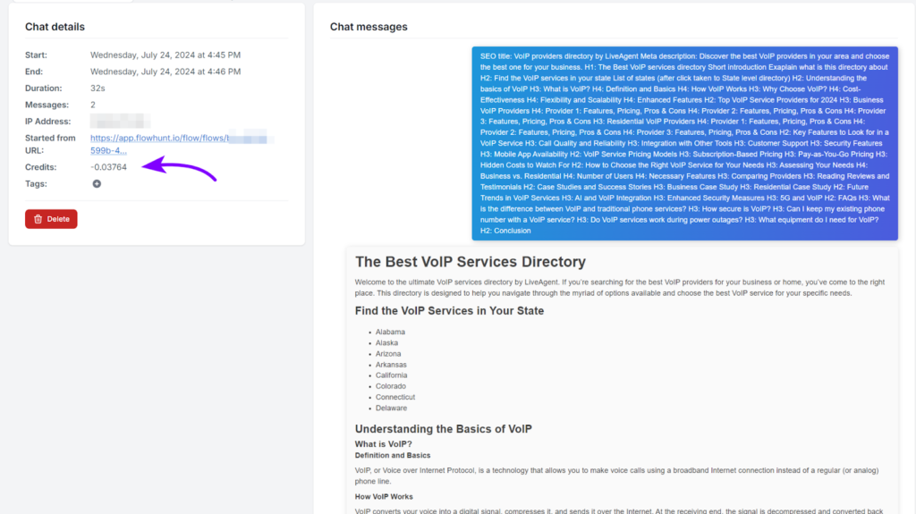 Chat details overview in FlowHunt