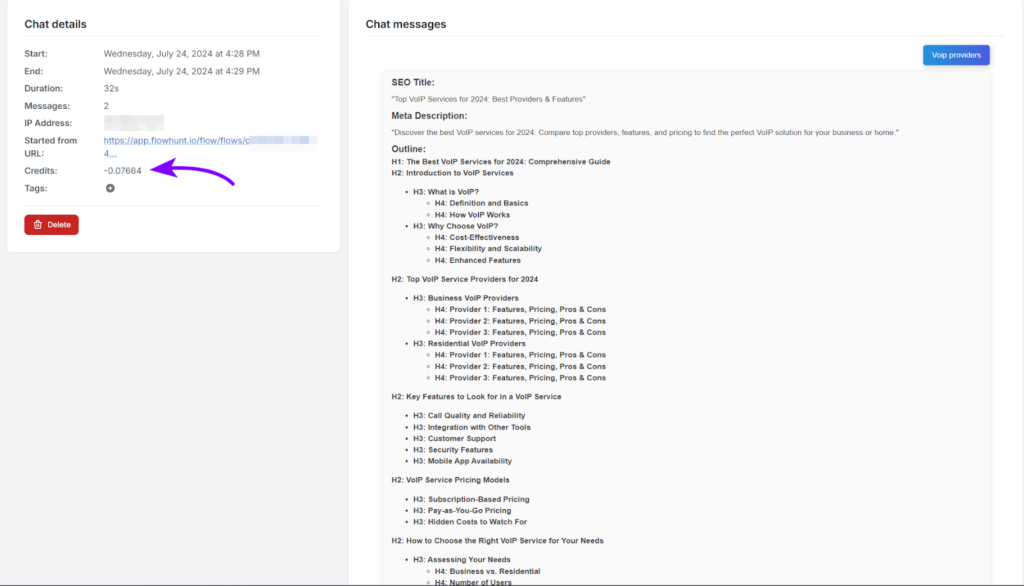 Chat details showing credits in FlowHunt