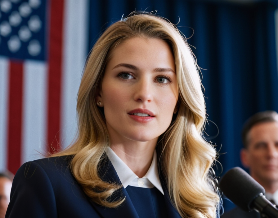 Beautiful white woman with long hair speaking as president of USA