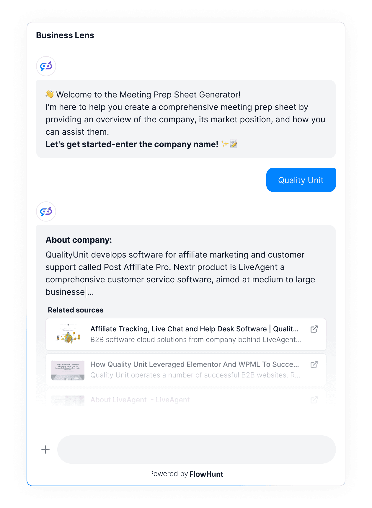 Example chatbot conversation showcasing FlowHunt's research and reporting capabilities. The workflow used is Company Research. Based on the name of the company, for example Quality Unit, FlowHunt searches for all freely available information, generating a comprehensive report, saving you hours.