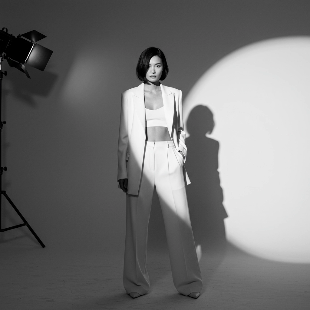 Schwarzweiß-Ganzkörperfoto eines Models während eines Fotoshootings