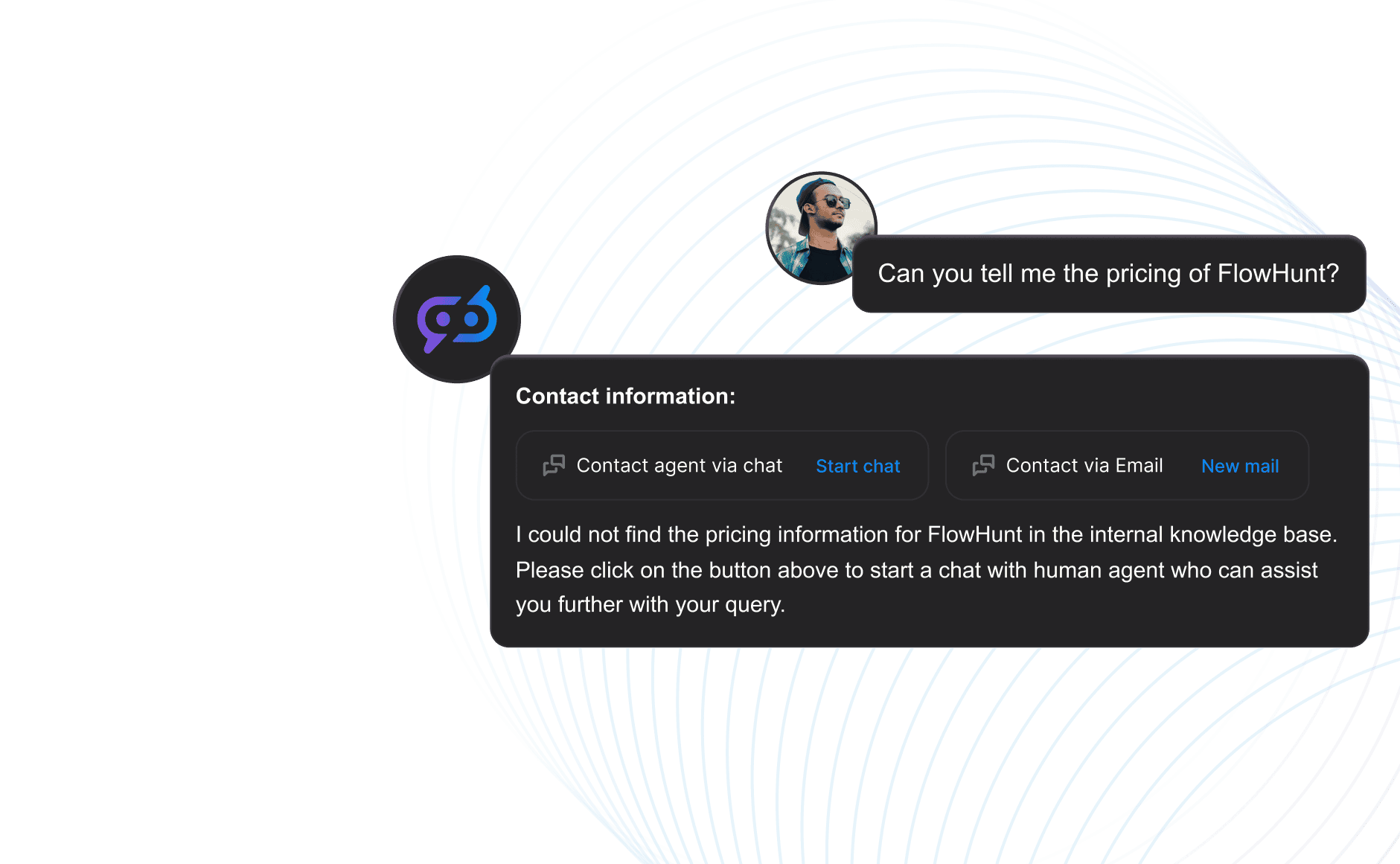 FlowHunt customer service chatbot offering to transfer a customer to human agents via LiveAgent.