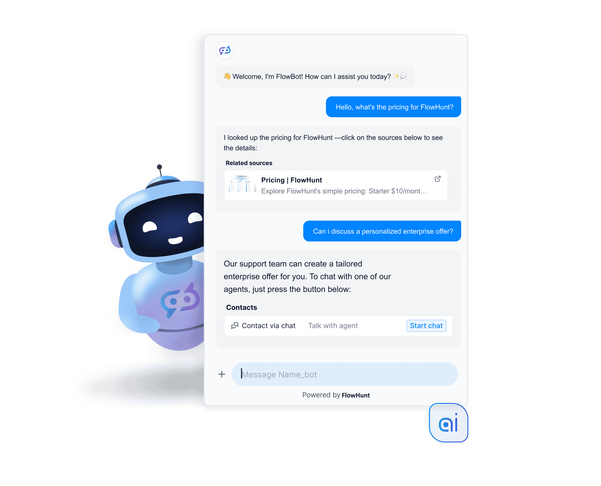 Exapmle conversation with Flowhunt's customer service chatbot. The chatbot explains the pricing. Once the customer asks for an enterprise pricing offer, The AI Agent promptly offers to transfer the customer to a human agent to discuss a custom offer.