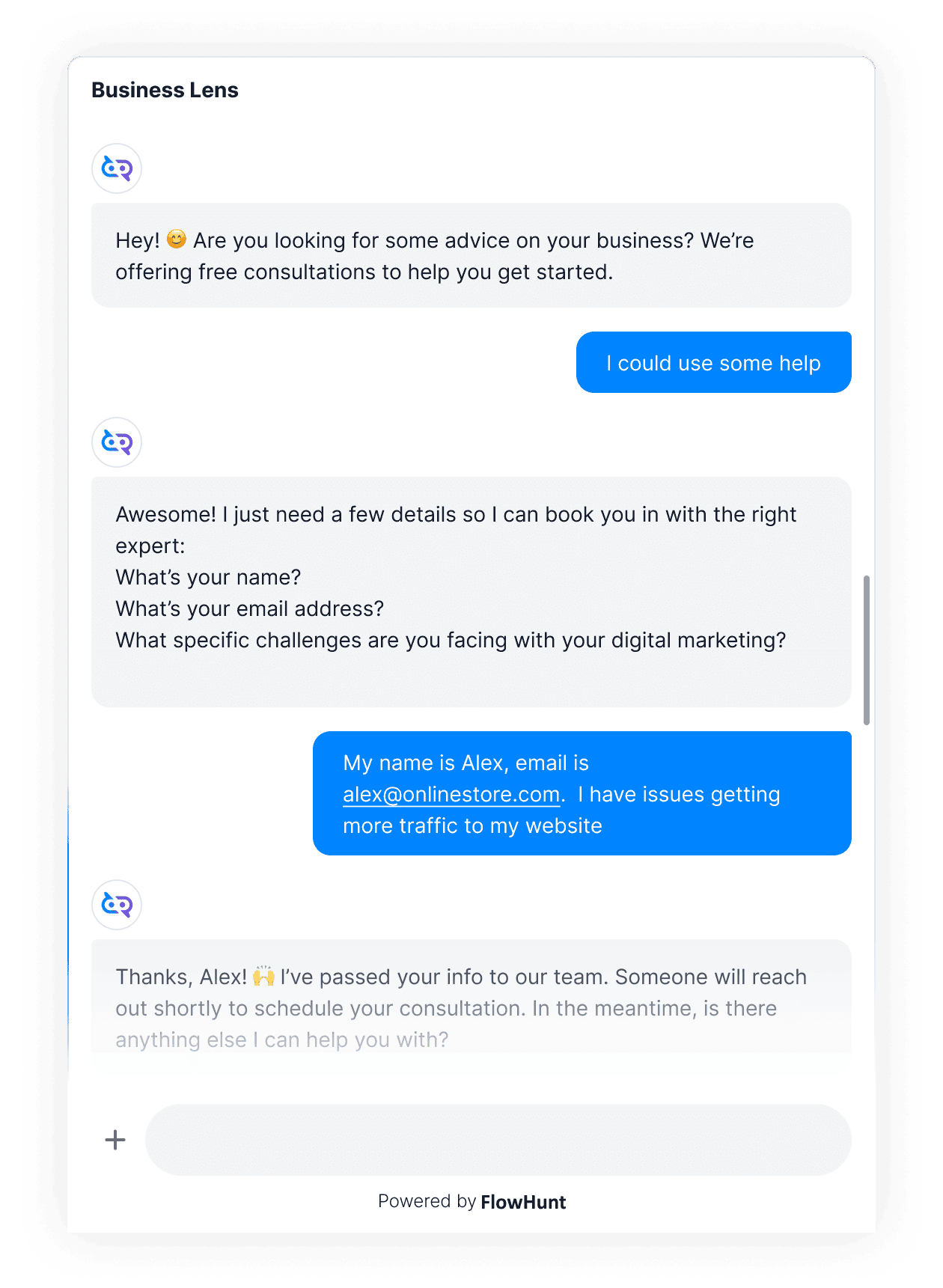 Example lead generation chatbot conversation. FlowHunt offers a course. Once the user shows interest, FlowHunt offers to collect their contact information 