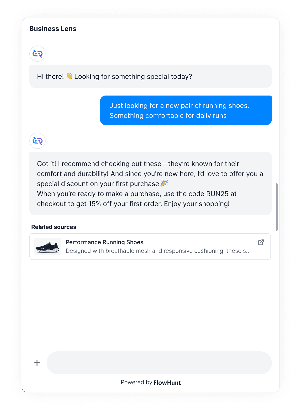 Example chat interaction showing FlowHunt AI Agent seamlessly offering a discount code with product recommendation.